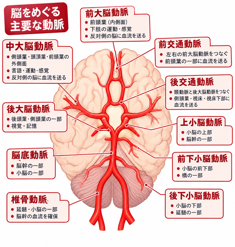 前大脳動脈・中大脳動脈・後大脳動脈・脳底動脈など脳をめぐる主要な動脈と、それぞれが血流を送る領域を示した図